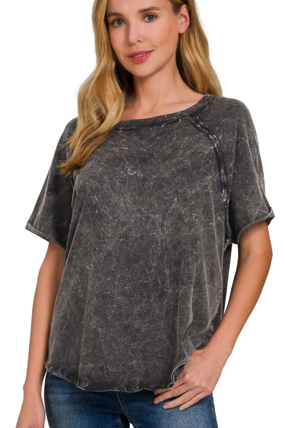 Zenana Back Patch Crinkle Washed Raglan Sleeve T-Shirts