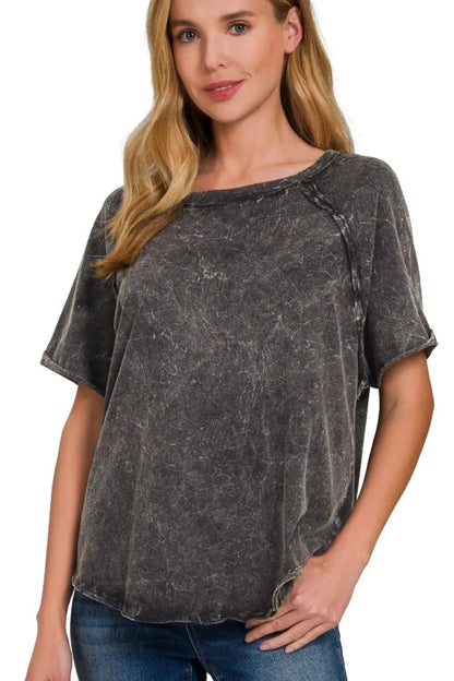 Zenana Back Patch Crinkle Washed Raglan Sleeve T-Shirts