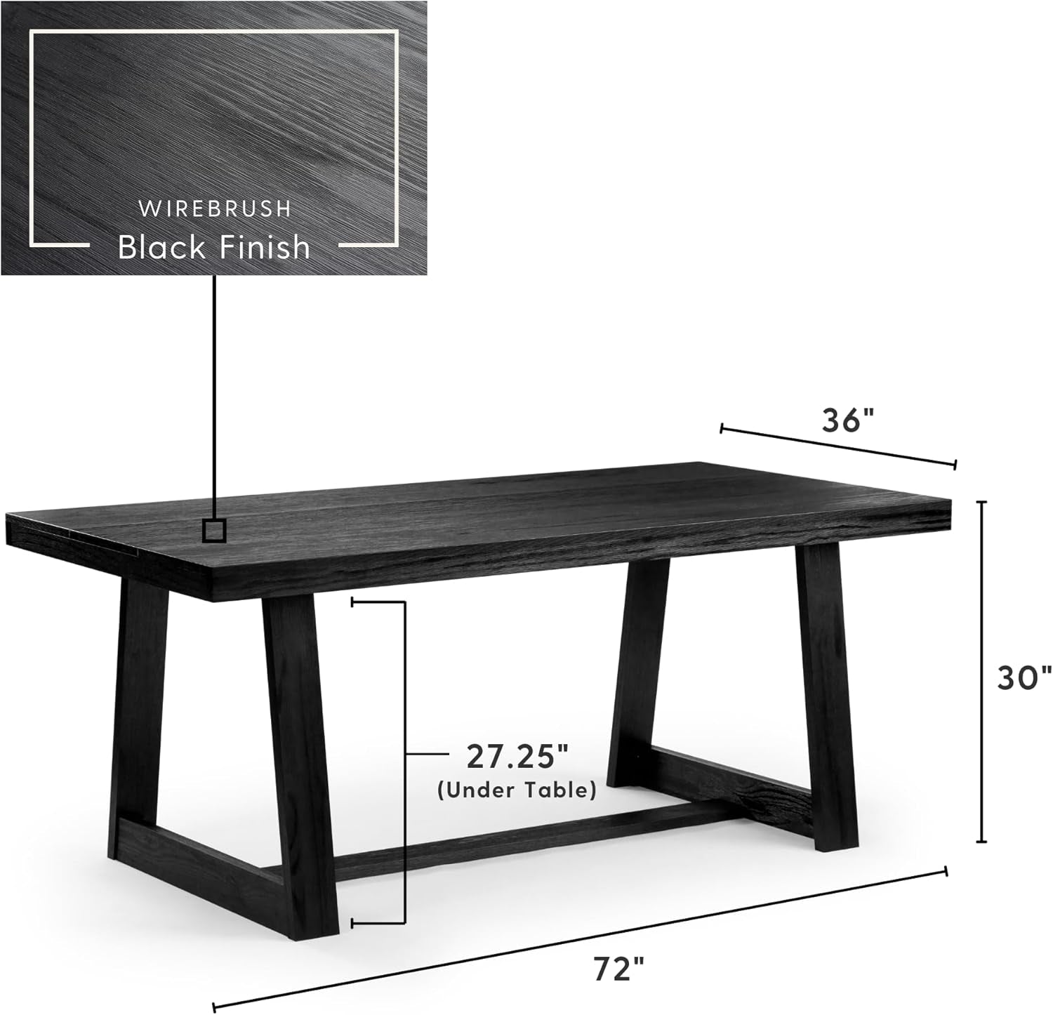 72Inch Farmhouse Dining Table SolidWood BlackWirebrush-1