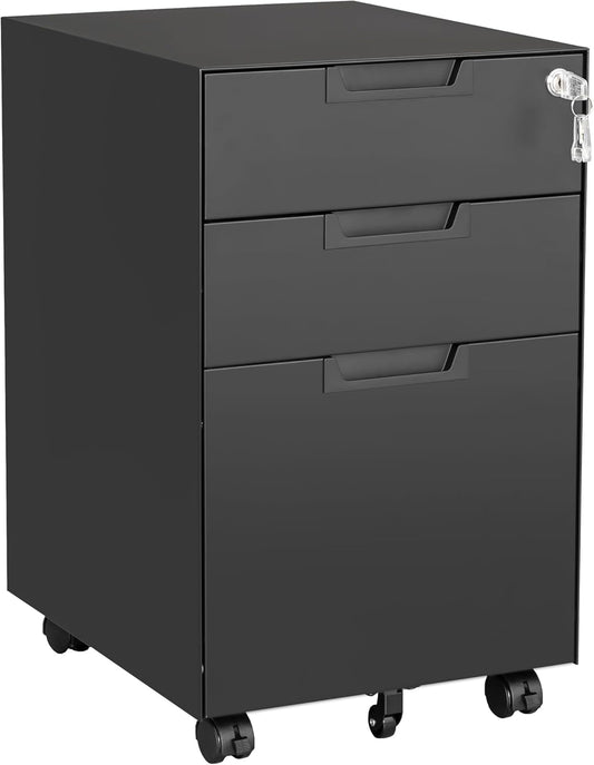 3 Drawer Mobile File Cabinet with Lock,Under Desk Metal Small Filing Cabinets for Home Office Organizer Letters/Legal/A4(Fully Assembled except Wheels-Black)-0