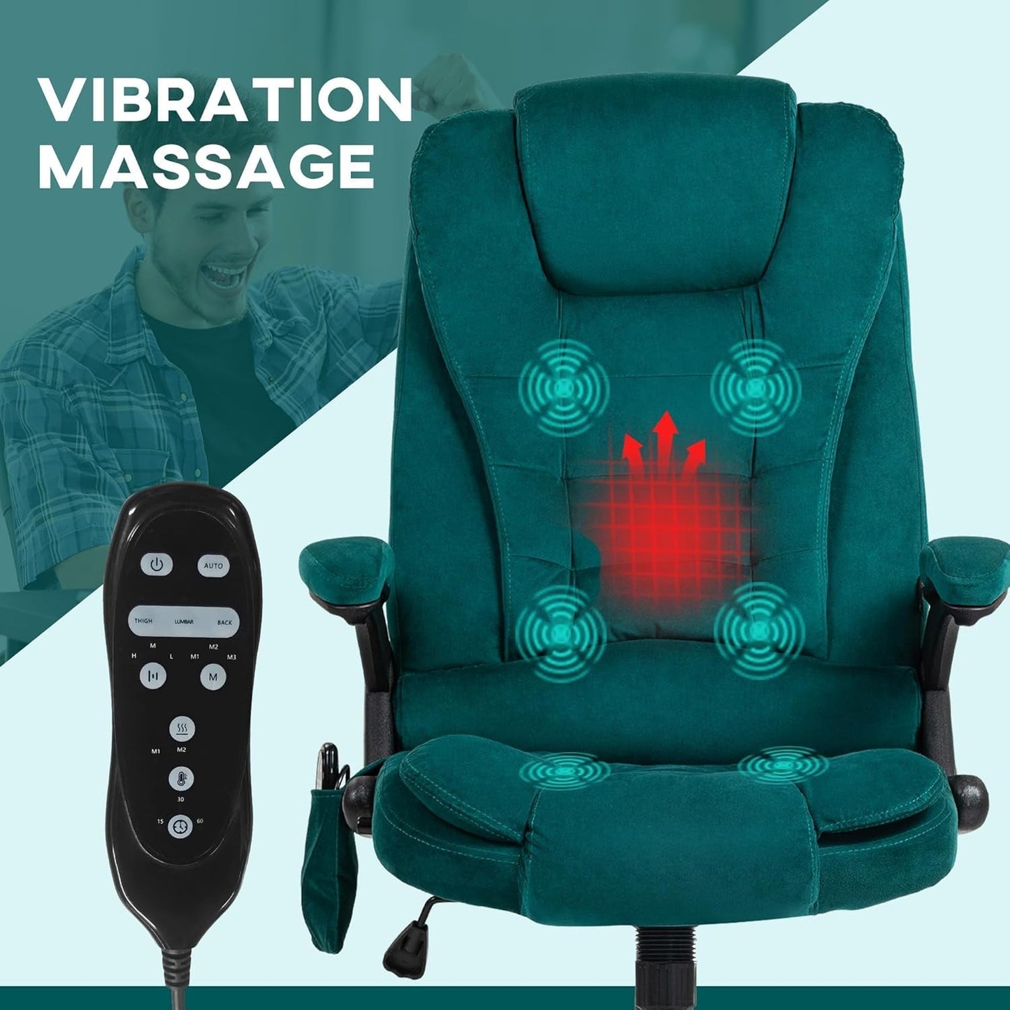 6 Point Vibrating Massage Office Chair with Heat, Velvet High Back Executive Office Chair with Reclining Backrest, Padded Armrests and Remote, Dark Green-3