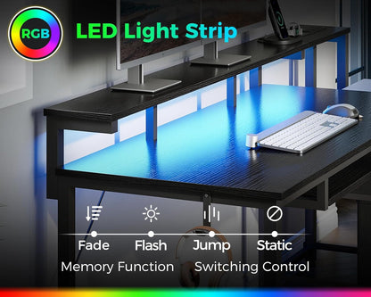 48-Inch Gaming Desk with Power Outlets & LED Light, Reversible PC Desk with Fabric Drawer and File Cabinet, Computer Desk with Keyboard Tray, Table with Full Monitor Riser and PC Stand, Black-3