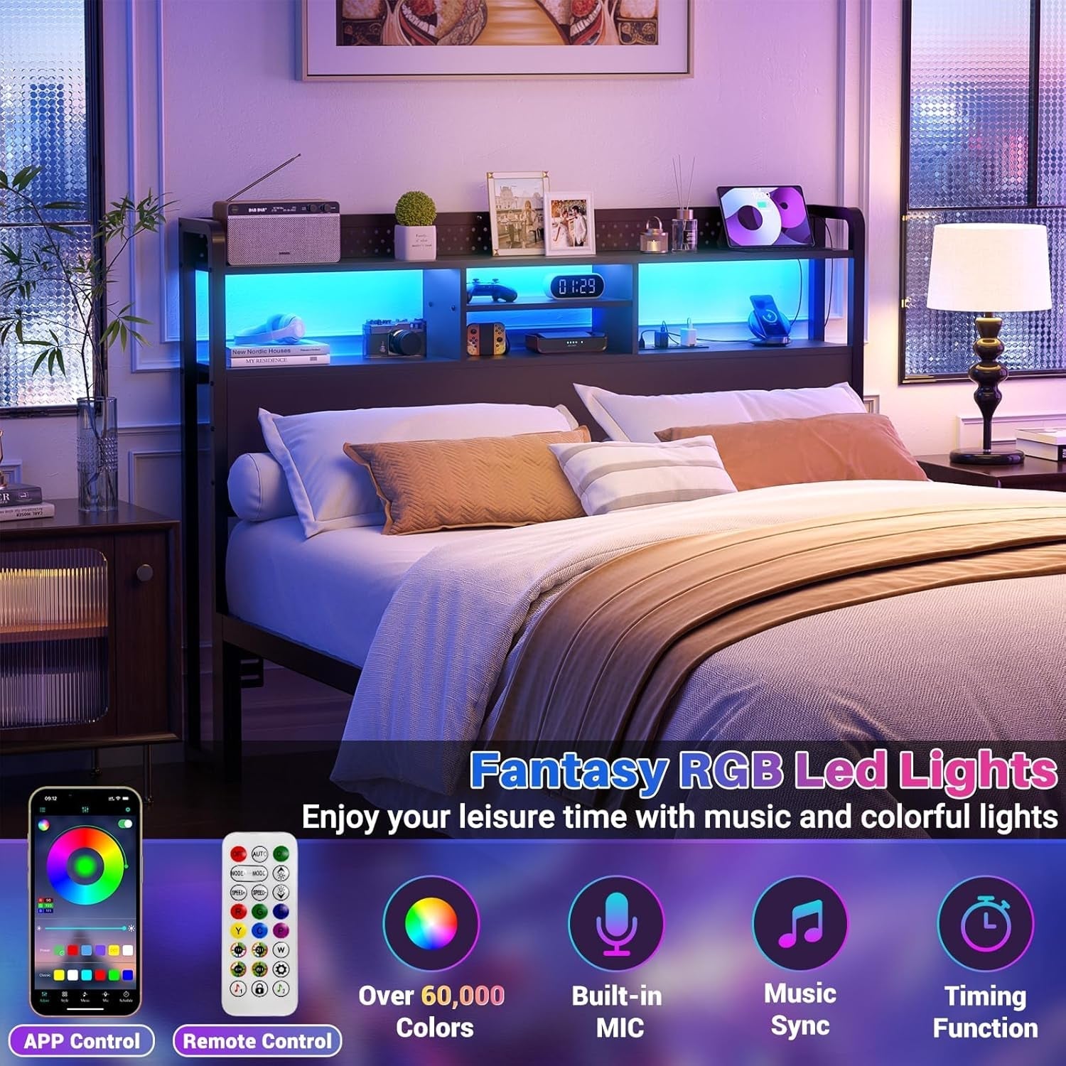 Queen Size Headboard with USB Ports and LED Light-3