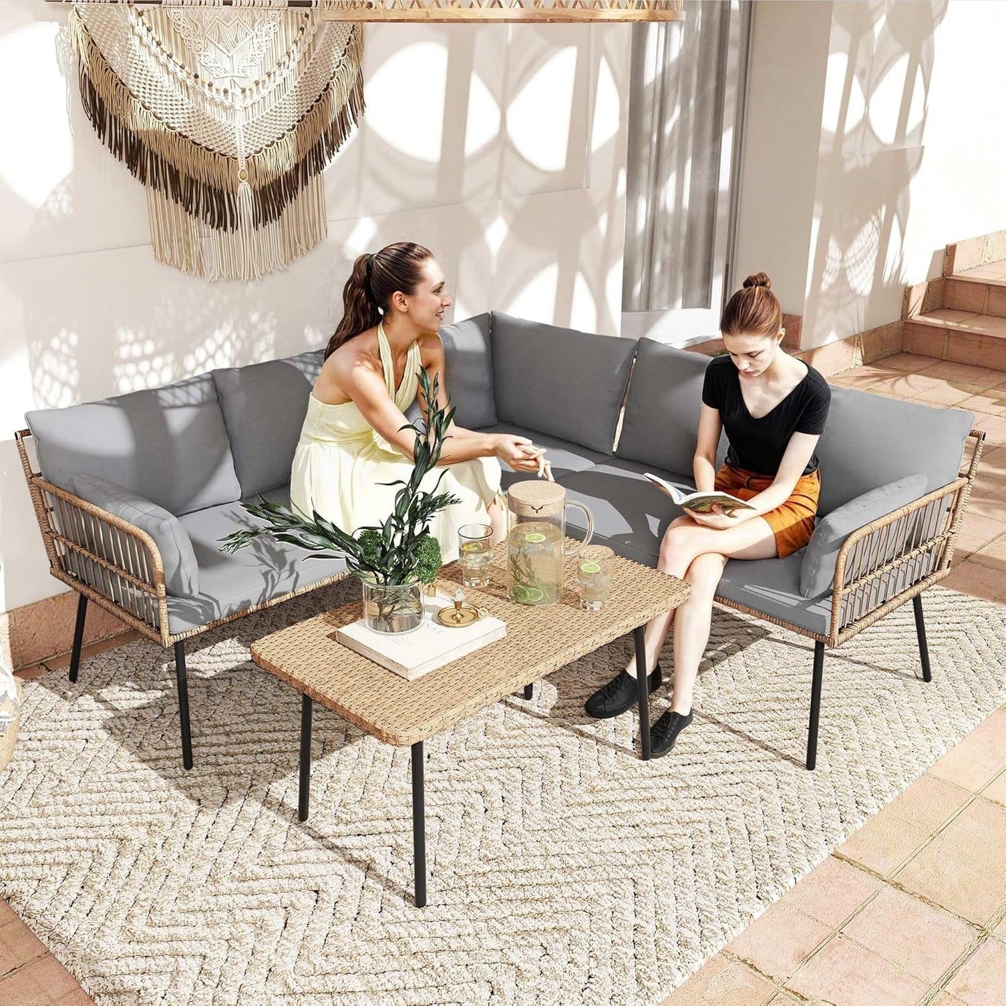 Patio Furniture Set, 4 Pieces Wicker Outdoor Conversation Set Sectional L-Shaped Sofa with 5 Seater for Backyard, Porch, Boho Detachable Lounger with Cushions and Side Table - Grey-2