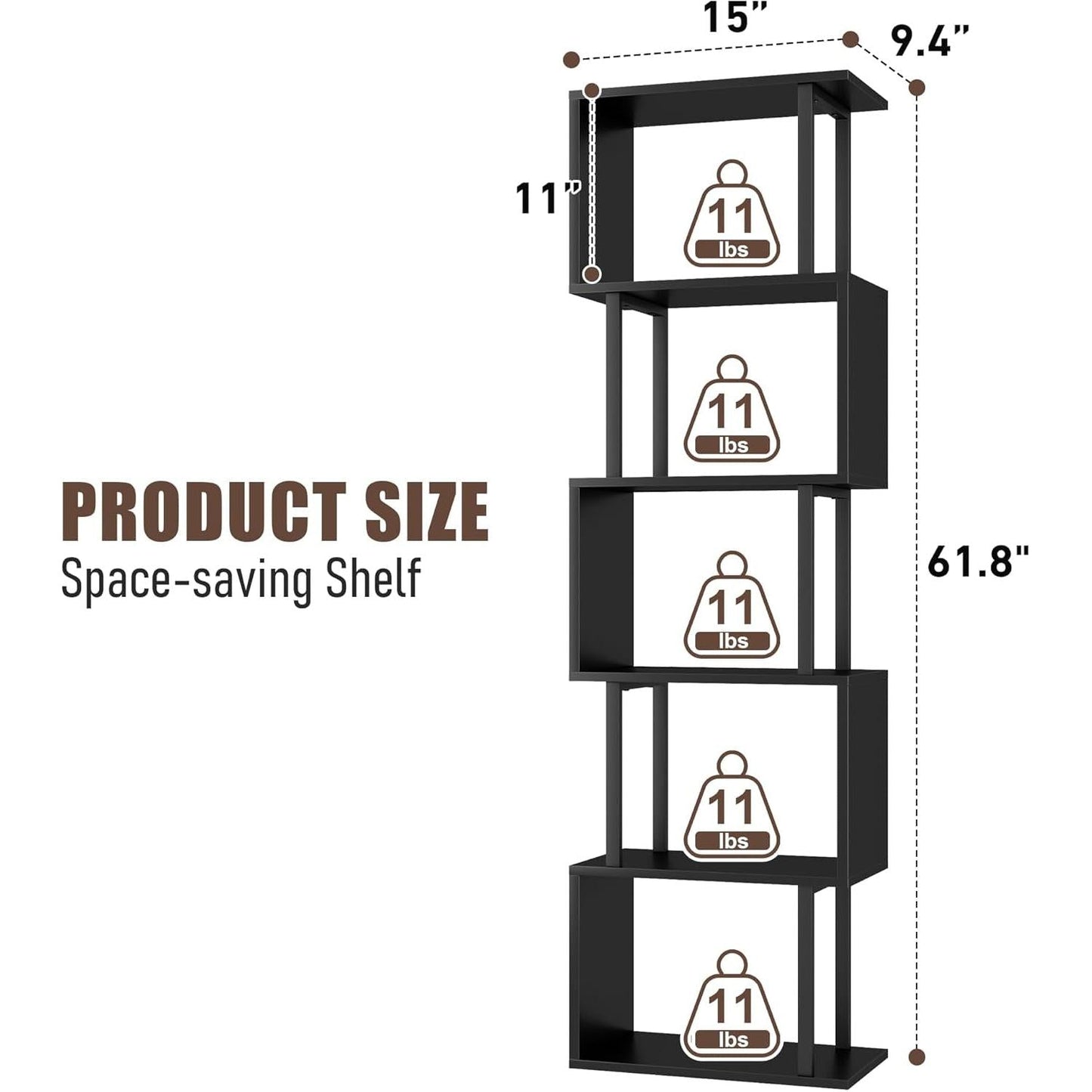5-Tier Bookshelf, Tall S-Shaped Geometric Bookcase, Wood and Metal Decorative Storage Shelving, Modern Freestanding Display Shelves, Book Shelf Unit for Living Room Bedroom Home Office, Black-2
