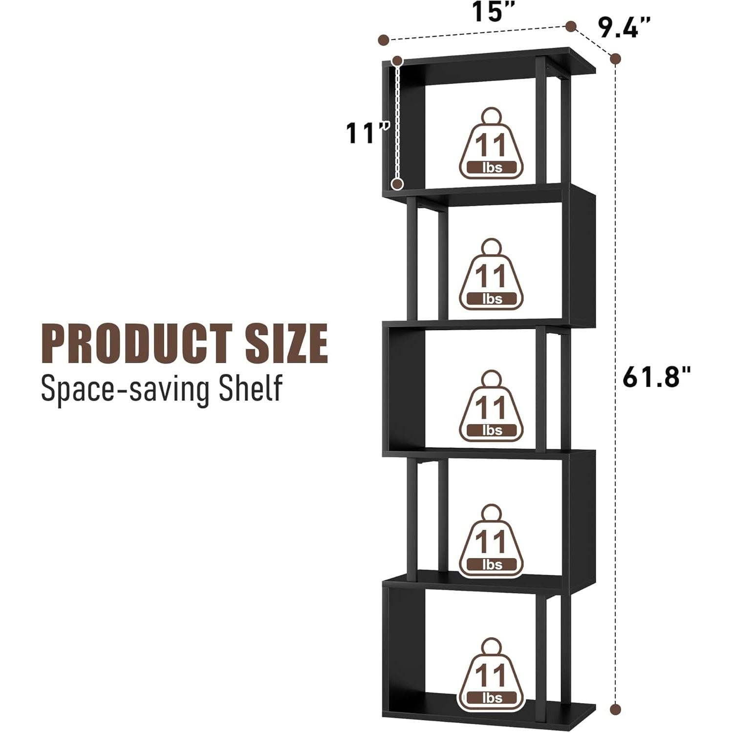 5-Tier Bookshelf, Tall S-Shaped Geometric Bookcase, Wood and Metal Decorative Storage Shelving, Modern Freestanding Display Shelves, Book Shelf Unit for Living Room Bedroom Home Office, Black-2