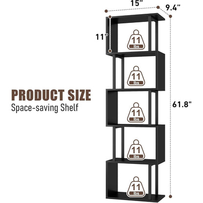 5-Tier Bookshelf, Tall S-Shaped Geometric Bookcase, Wood and Metal Decorative Storage Shelving, Modern Freestanding Display Shelves, Book Shelf Unit for Living Room Bedroom Home Office, Black-2