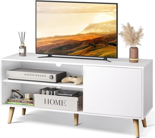 TV Stand for 55 Inch Tvs, Entertainment Center with Storage Cabinet, Mid-Century TV Stands for Living Room and Bedroom, 50" TV Console, White-0