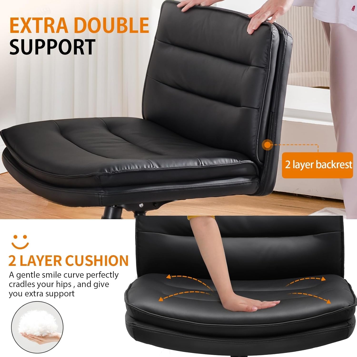 Criss Cross Chair with Wheels, Armless Wide Cross Legged Office Chair Mid Back, Modern Home Office Desk Chair Swivel Adjustable Vanity Computer Chair, Black-3