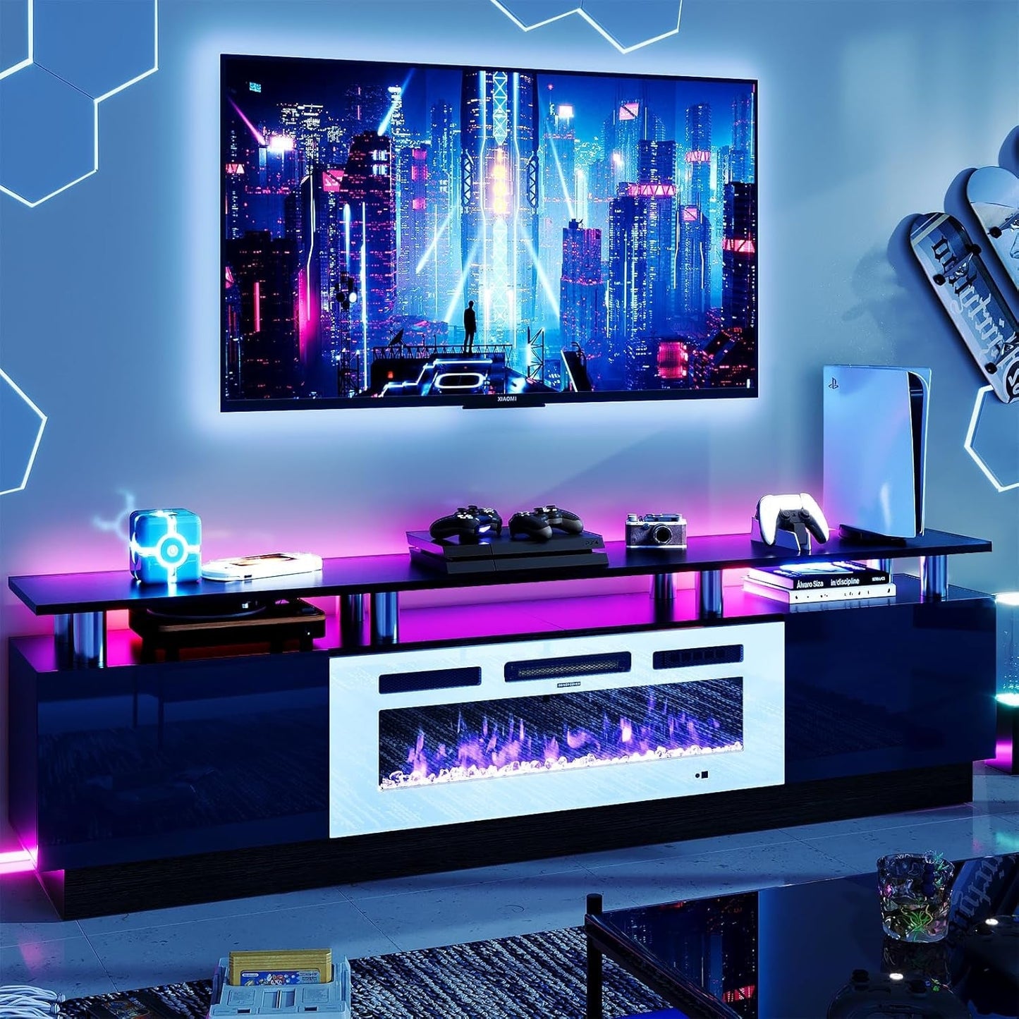 Fireplace TV Stand with 36” Electric Fireplace, 80” 2 Tier TV Console Stand for Tvs up to 90", LED Light Entertainment Center, Fireplace for the Living Room TV Stand, Black-0