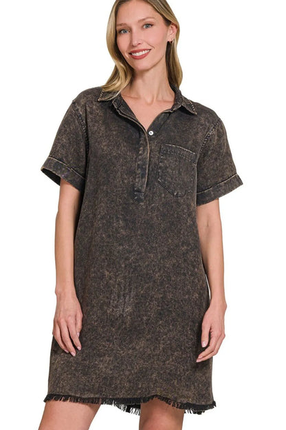 Zenana Tencel Mineral Washed Collared Shirts Dress