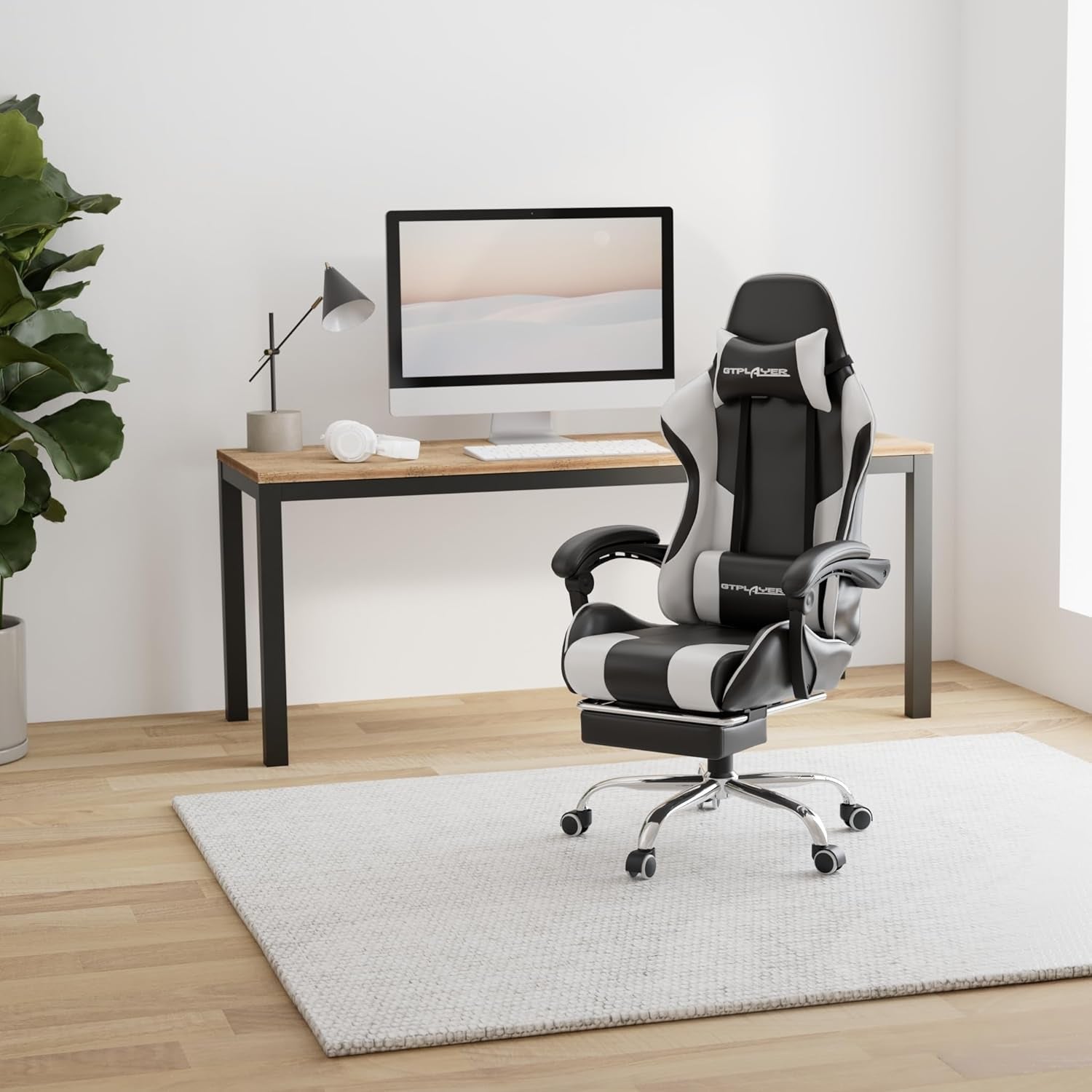 Gaming Chair, Computer Chair with Footrest and Lumbar Support, Height Adjustable Game Chair with 360°-Swivel Seat and Headrest and for Office or Gaming (White)-1