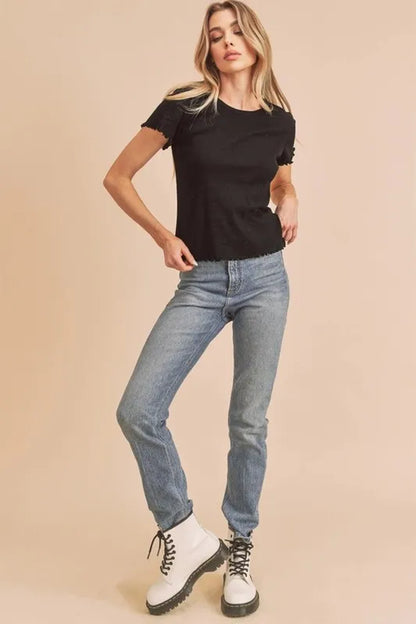 Aemi+Co Round Neck Lettuce Hem Short Sleeve T-Shirt