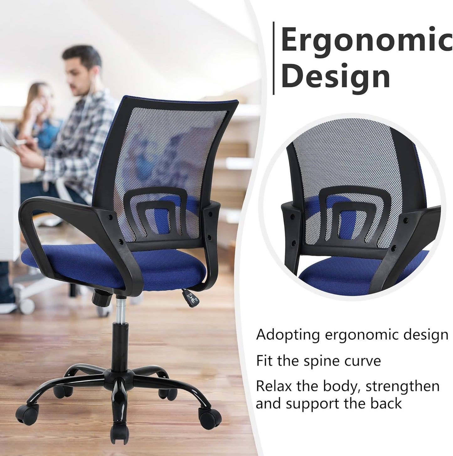 Office Chair Computer Chair Ergonomic Cheap Desk Chair Adjustable Comfortable Mid Back Task Rolling Swivel Chair with Lumbar Support for Home Office Desk (Blue)-4