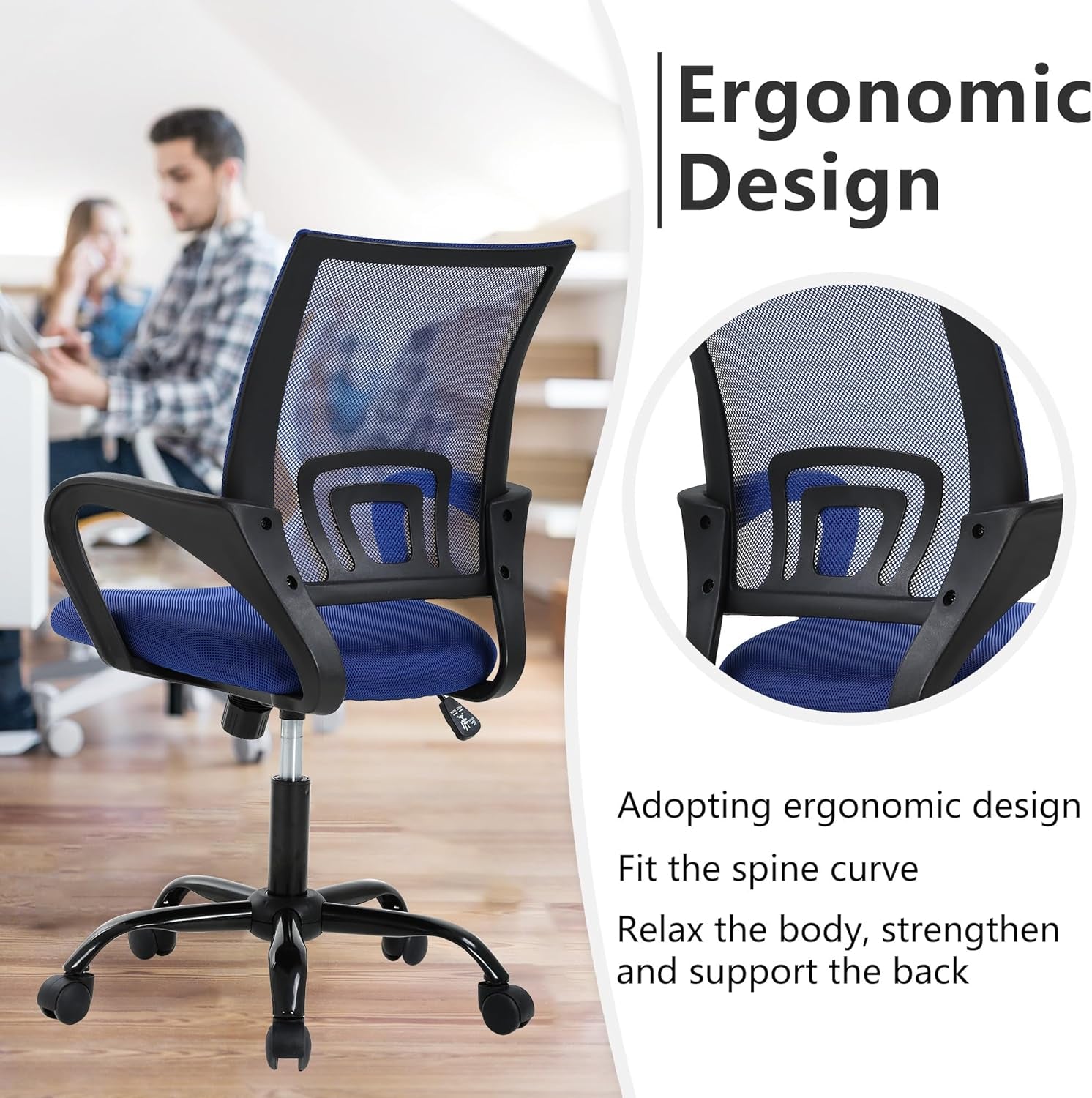 Office Chair Computer Chair Ergonomic Cheap Desk Chair Adjustable Comfortable Mid Back Task Rolling Swivel Chair with Lumbar Support for Home Office Desk (Blue)-4