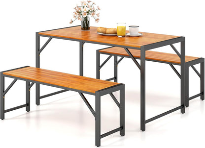 3 Pieces Patio Dining Set for 6 People, Outdoor Picnic Table & 2 Benches, 53” Acacia Wood Dining Table W/Metal Frame, Space-Saving Dinette Set for Garden Porch Poolside Yard Balcony-0