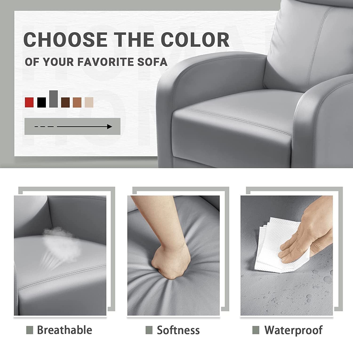 Padded Leather Recliner Club Chair (Gray)-4