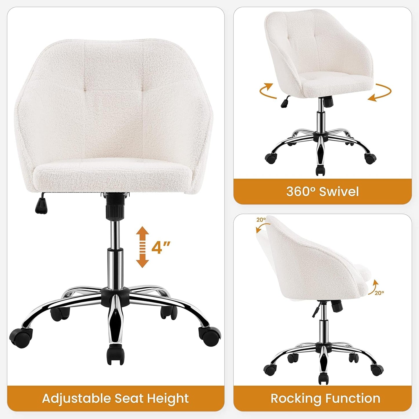 Modern Boucle Desk Chair, Makeup Vanity Chair with Adjustable Tilt Angle, Swivel Office Chair Upholstered Armchair Study Chair for Living Room and Makeup Room Ivory-4