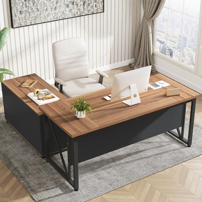 63 Inches Executive Desk and 47" Lateral File Cabinet, L-Shaped Computer Desk Home Office Business Furniture with Drawers and Storage Shelves, Office Table,Brown and Black-2