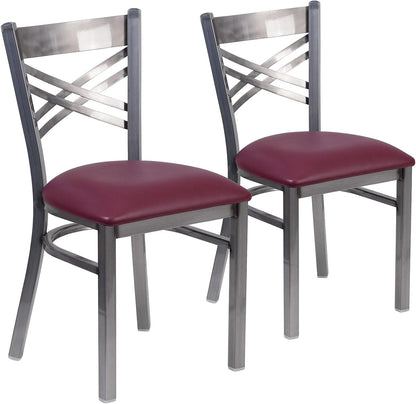 2 Pk. HERCULES Series Clear Coated ''X'' Back Metal Restaurant Chair - Burgundy Vinyl Seat-0
