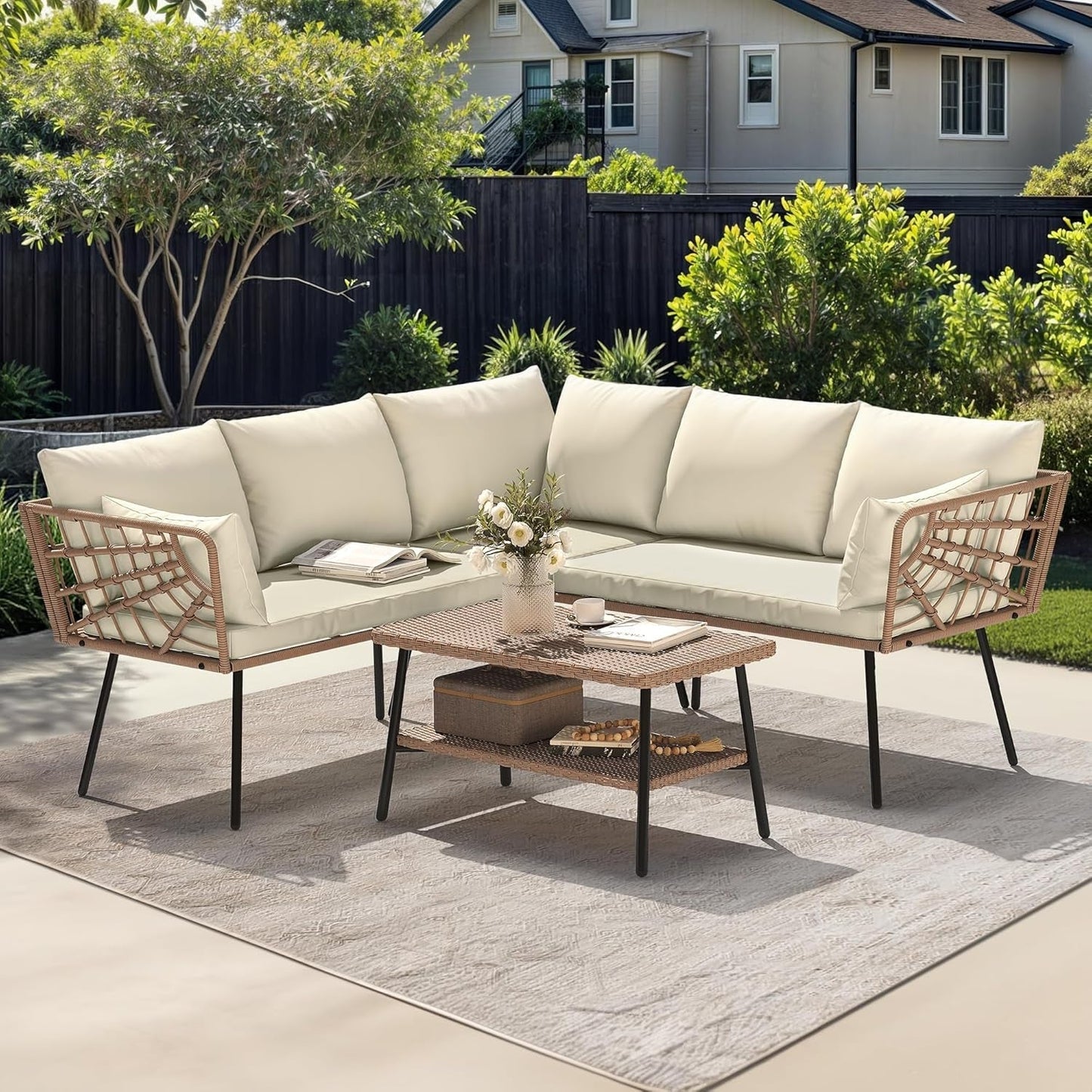 L Shape Outdoor Couch Set with Thick Cushions-0