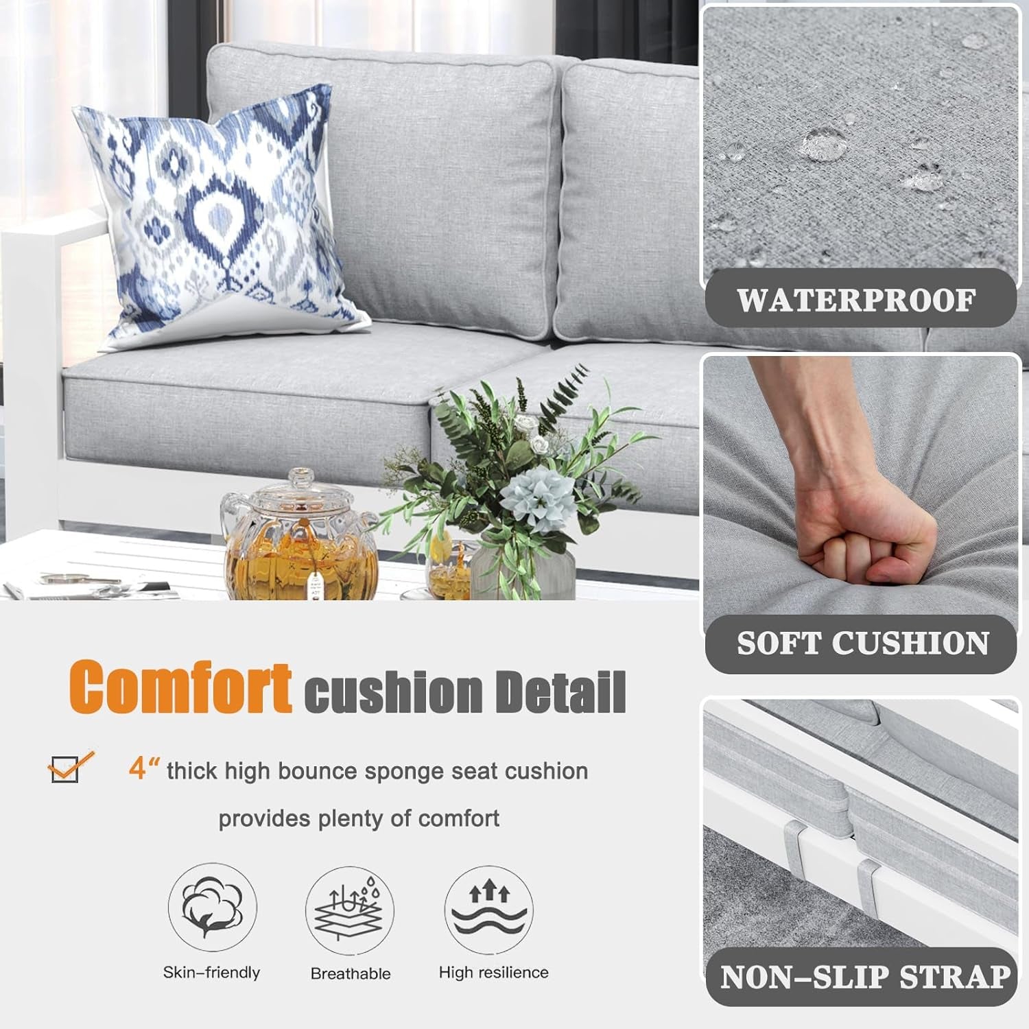 5 Piece Modern Aluminum Patio Furniture Set with Fire Pit Table, Outdoor Patio Sectional Conversation Metal Seating Sets with Olefin Cushion-2