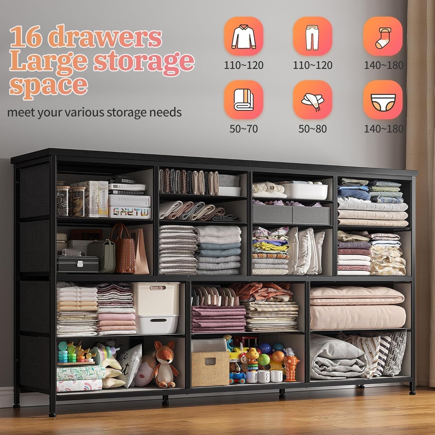 TV Stand Dresser 60''TV Stand with Charging Station TV Stands for Living Room Long Dresser for Bedroom TV Stand with 16 Drawers Storage TV Stand for Bedroom Dresser 51.1''W*11.8''D*34.8''H-3