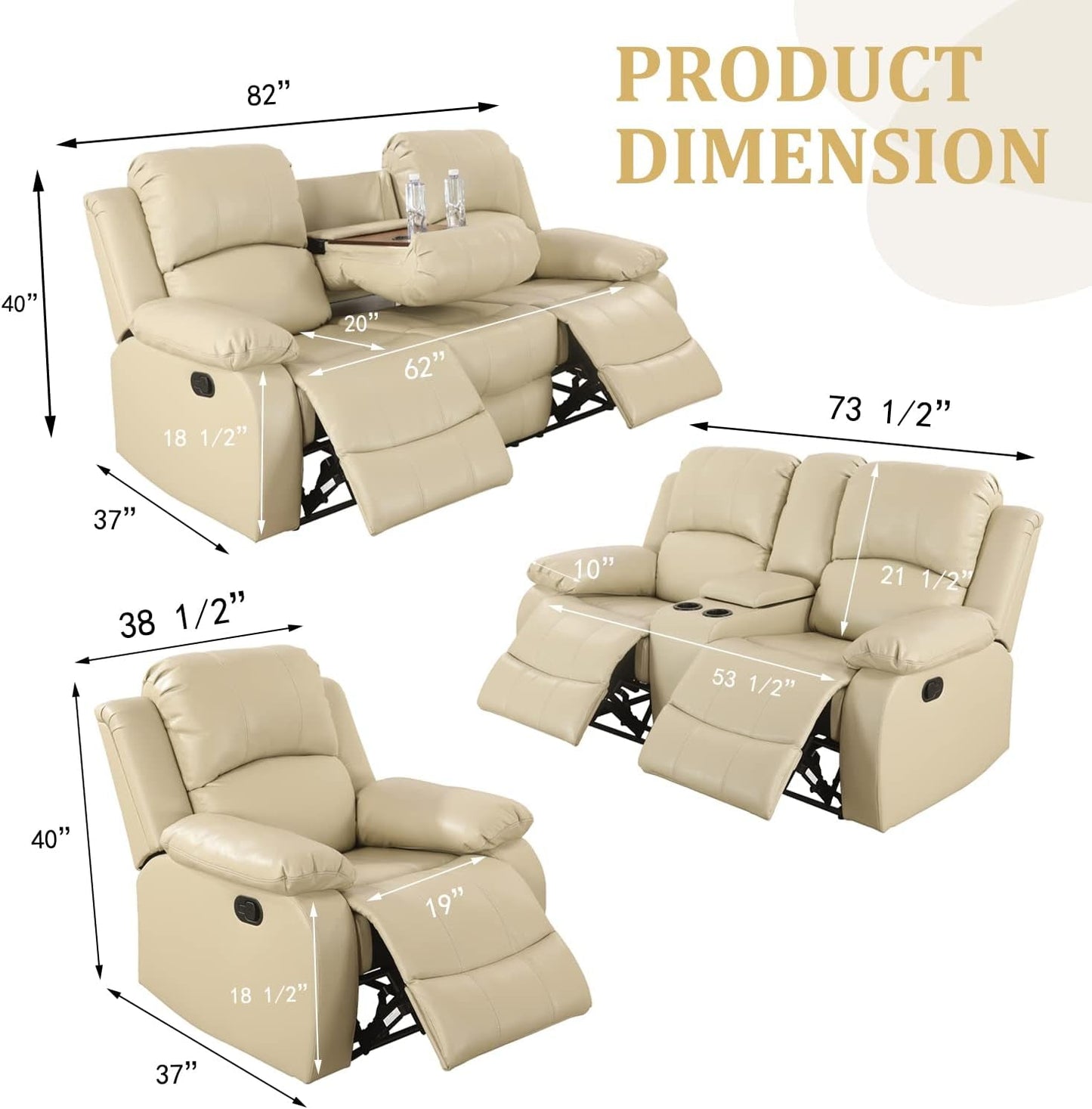 Manual Leather Sofa Recliner Set for Living Room Furniture Set,Leather Recliner Couch Set for Home/Office,Leather Reclining Sofa Set for 3-Pieces(Sofa+Loveseat+Chair) Beige-1
