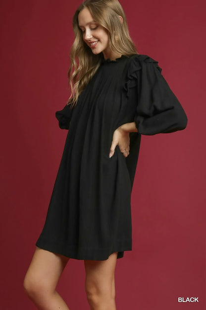 Umgee Linen Ruffle Shoulder Pleated Babydoll Dress