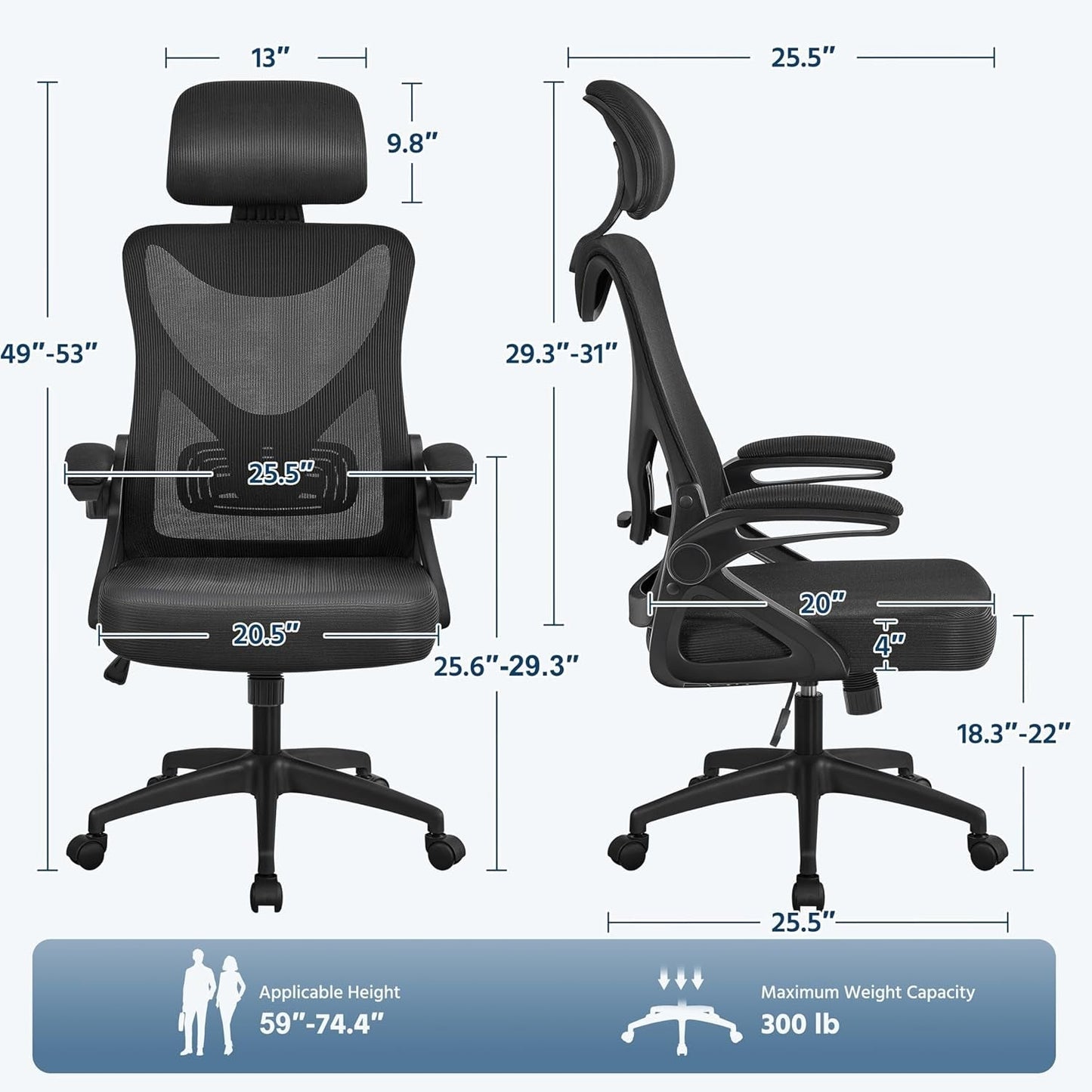 Ergonomic Office Chair, High Back Desk Chair with Flip-Up Armrest and Headrest, Mesh Computer Chair with Lumbar Support for Home Office Meeting Room Study, Black-2