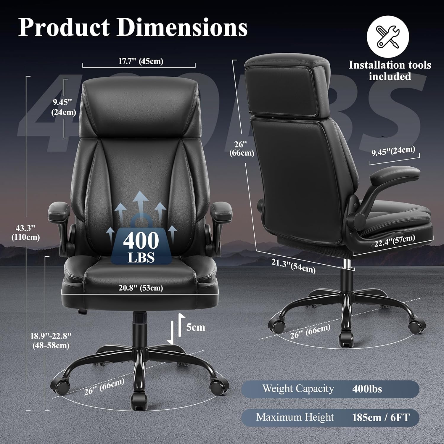 Big Tall Leather Office Chair, Lumbar, Flip-Up Arms-1