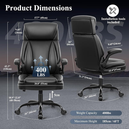 Big Tall Leather Office Chair, Lumbar, Flip-Up Arms-1