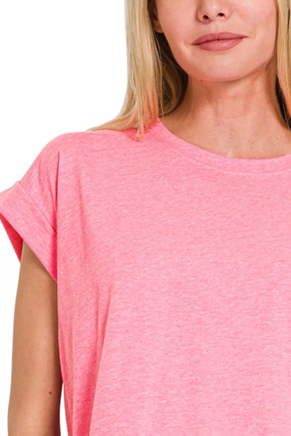 Zenana Round Neck Folded Short Sleeve T-Shirt