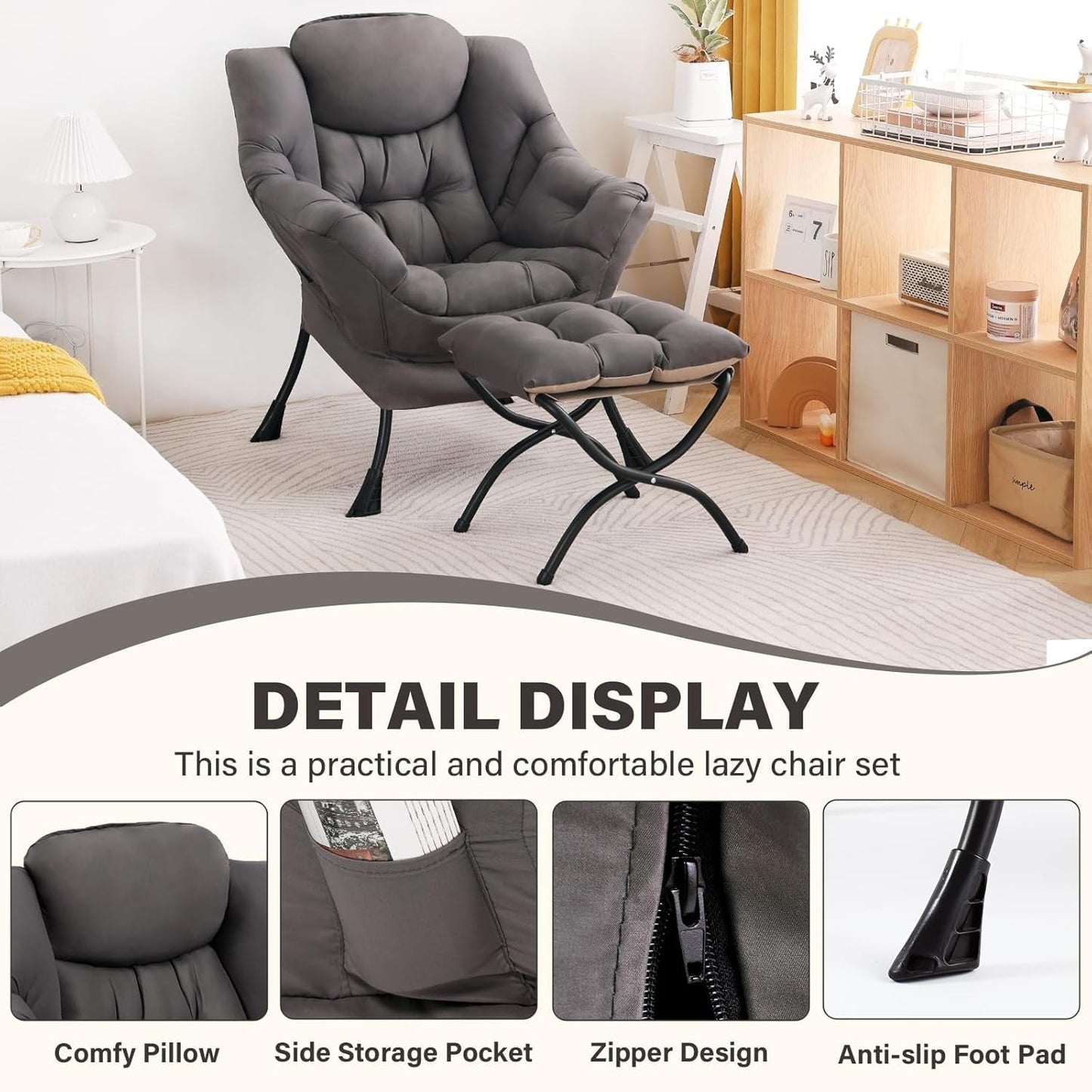 Dark Grey Lazy Chair With Ottoman Armrests Footstool-2