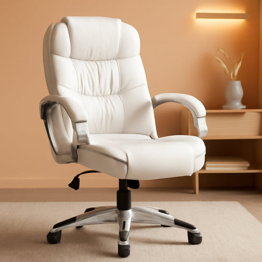 Office Chair High Back Computer Desk Chair, PU Leather Adjustable Height Modern Executive Swivel Task with Padded Armrests and Lumbar Support (White)-0