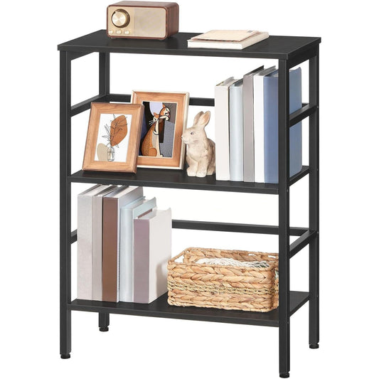 3 Tier Bookshelf, Industrial Bookcase, Record Storage Rack with Side Fence, Wood Storage Shelf with Metal Frame, Rustic Open Display Shelf for Living Room, Bedroom, Black BB86CJ01-0