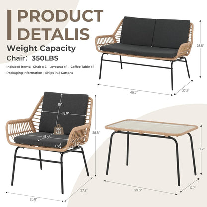 4 Piece Outdoor Patio Furniture Set, Rattan Conversation Sets, All-Weather Wicker Chairs with Cushions and Coffee Table, for Garden Balcony Courtyard Poolside-1