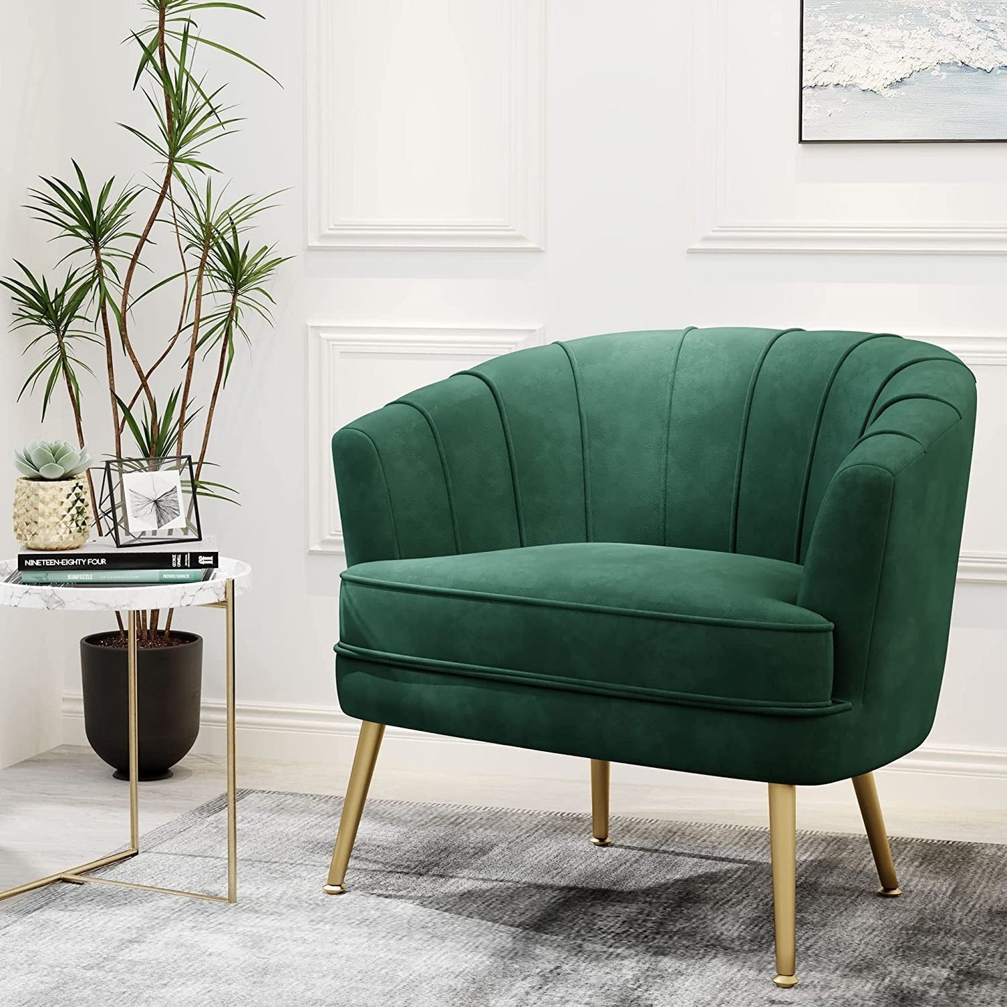 Green Velvet Accent Chair with Golden Legs-0