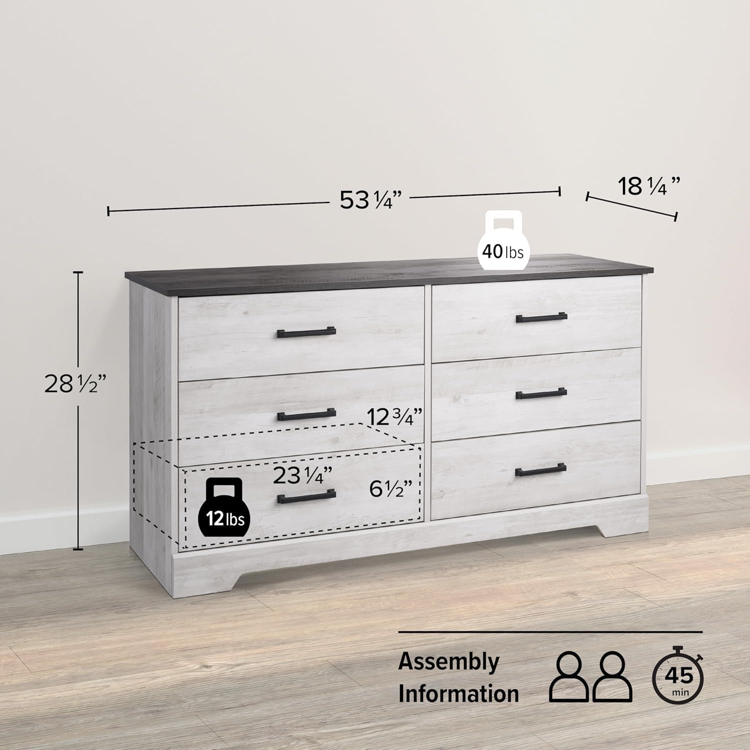 Rustic Ridge Farmhouse 6-Drawer Double Dresser, Washed White Dresser for Bedroom, Chest of Drawers with 6 Storage Drawers, 53.25” Wide X 18.25” Deep X 28.5” Tall, Washed White-2