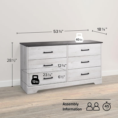 Rustic Ridge Farmhouse 6-Drawer Double Dresser, Washed White Dresser for Bedroom, Chest of Drawers with 6 Storage Drawers, 53.25” Wide X 18.25” Deep X 28.5” Tall, Washed White-2