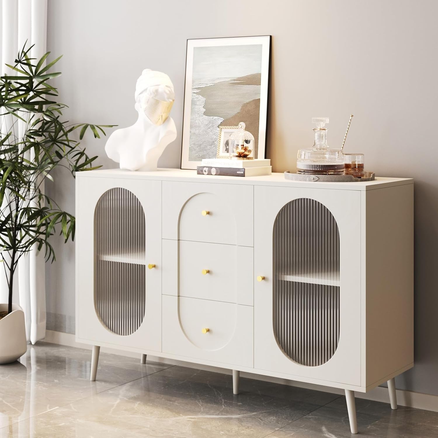 Midcentury White Fluted Glass Buffet Sideboard Cabinet-2