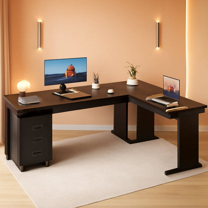82.67" Long Executive Desk Large L-Shaped Computer Office Desk with 3-Drawer Mobile File Cabinet, Industrial Business Furniture Desk Workstation for Home Office, Black-0