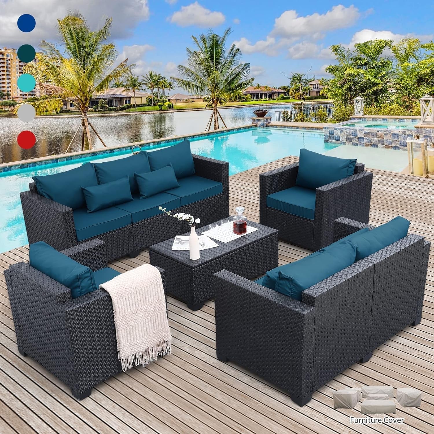 Patio Furniture Set 5 Pieces Outdoor Furniture Sets Patio Couch Outdoor Chairs Coffee Table Peacock Blue Anti-Slip Cushions and Waterproof Covers-0