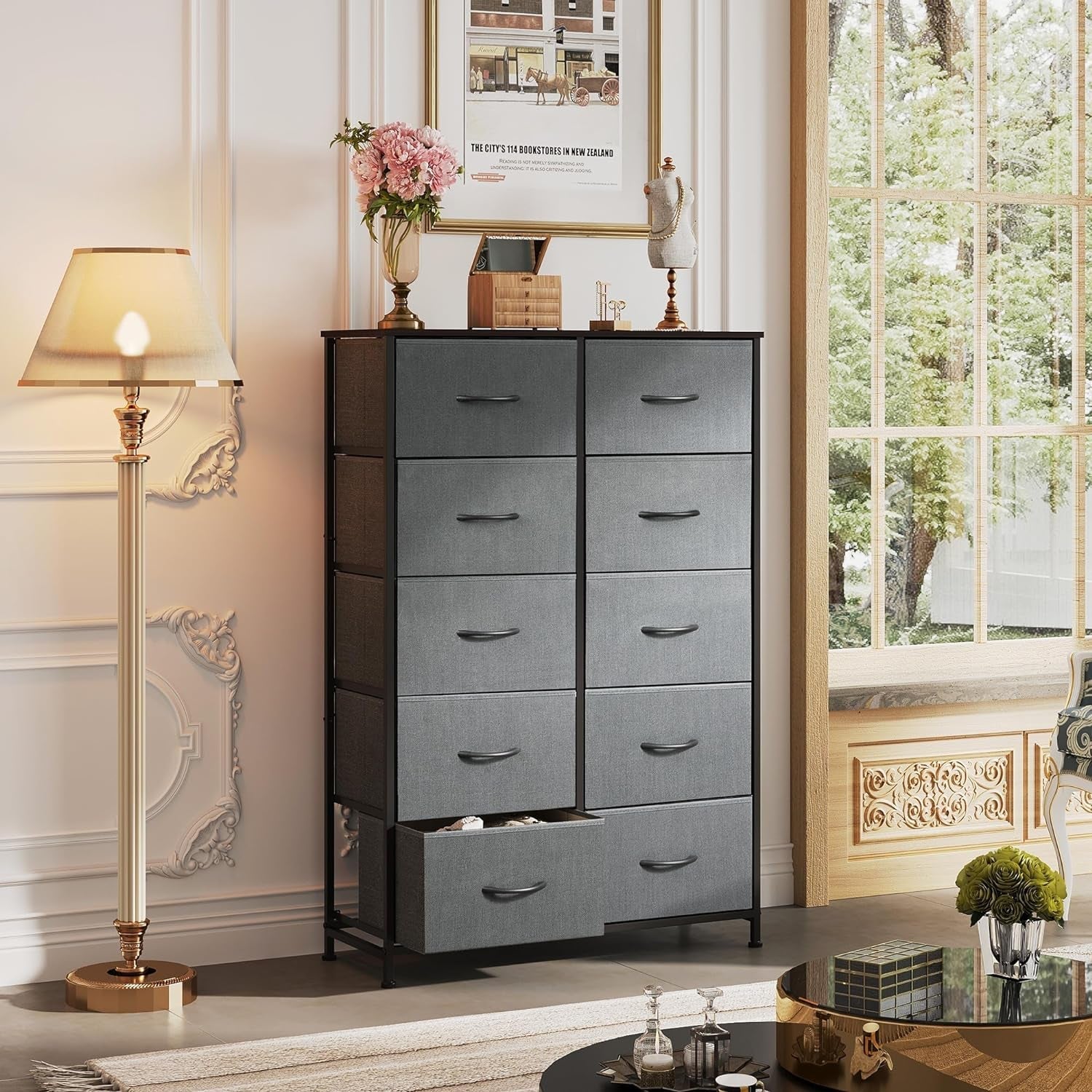 Tall Dresser for Bedroom with 10 Fabric Drawers, Organizer Units for Living Room, Clothing, Closet, Storage Tower with Cabinet, Metal Frame, Wooden Top, Furniture, Dark Grey-1