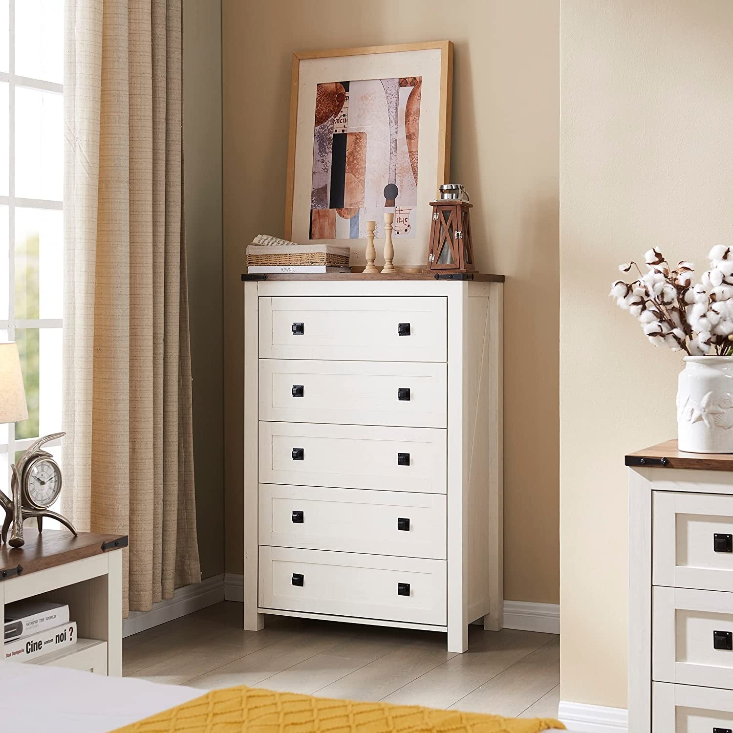 Rustic Tall Chest of Drawers, Antique White-1