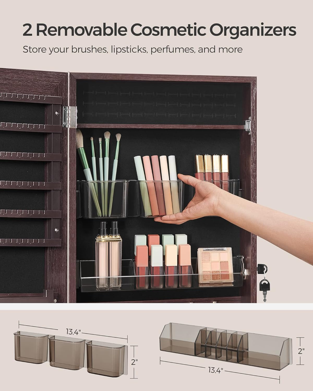 Jewelry Cabinet Armoire, Lockable Wall-Mounted Organizer Unit with 2 Plastic Cosmetic Storage Trays, Full-Length Frameless Mirror, Brown UJJC001K01-3