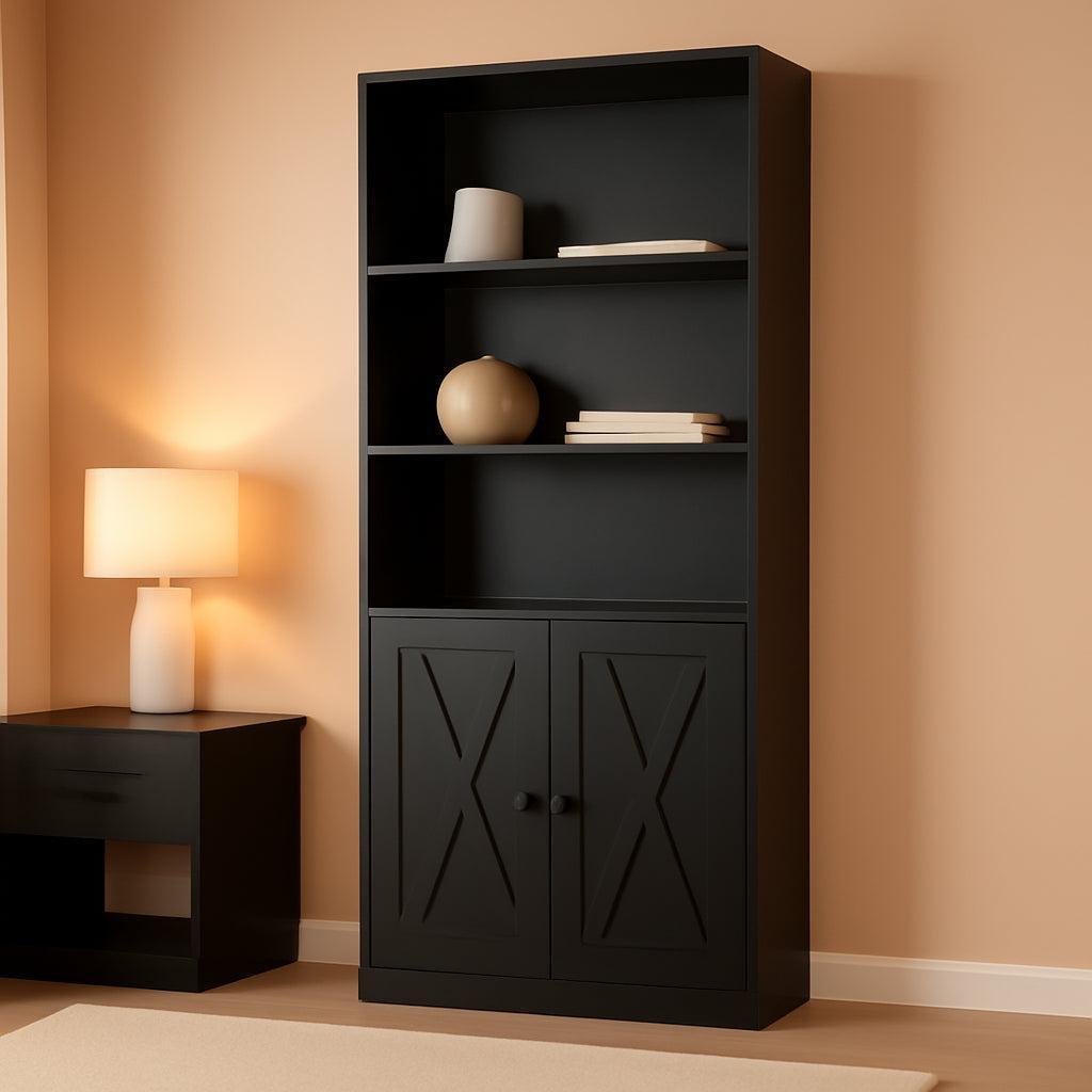 Industrial Black Tall Floor Standing Bookcase Doors-0