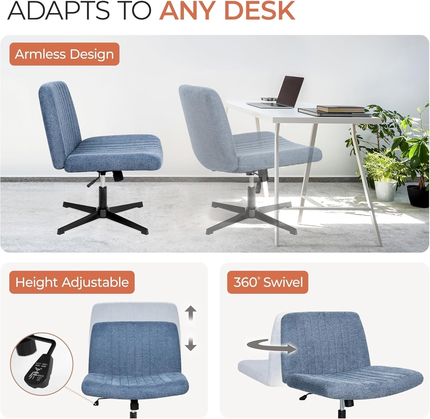 Cross Legged Office Desk Chair No Wheels Fabric Padded Modern Swivel Height Adjustable Wide Seat Computer Task Vanity Chair for Home Office Mid Back Accent Chair (Blue)-4