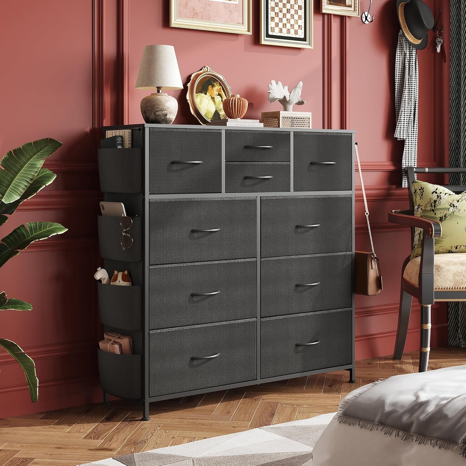Dresser for Bedroom with 10 Drawers, Fabric Dresser Chest of Drawers with Side Pockets and Hooks, Sturdy Metal Frame, Drawers Organizer Unit for Living Room, Hallway, Black-1