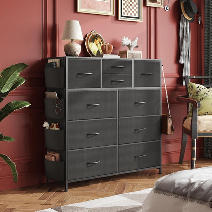 Dresser for Bedroom with 10 Drawers, Fabric Dresser Chest of Drawers with Side Pockets and Hooks, Sturdy Metal Frame, Drawers Organizer Unit for Living Room, Hallway, Black-1